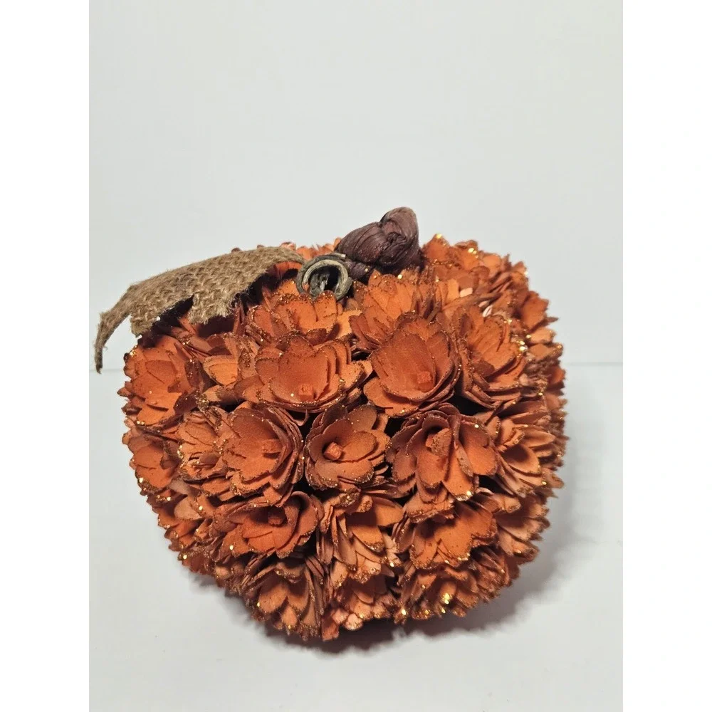 Rustic Wood Curl Shaved Woodchip Pumpkin Fall Harvest Decor Orange Floral Burlap